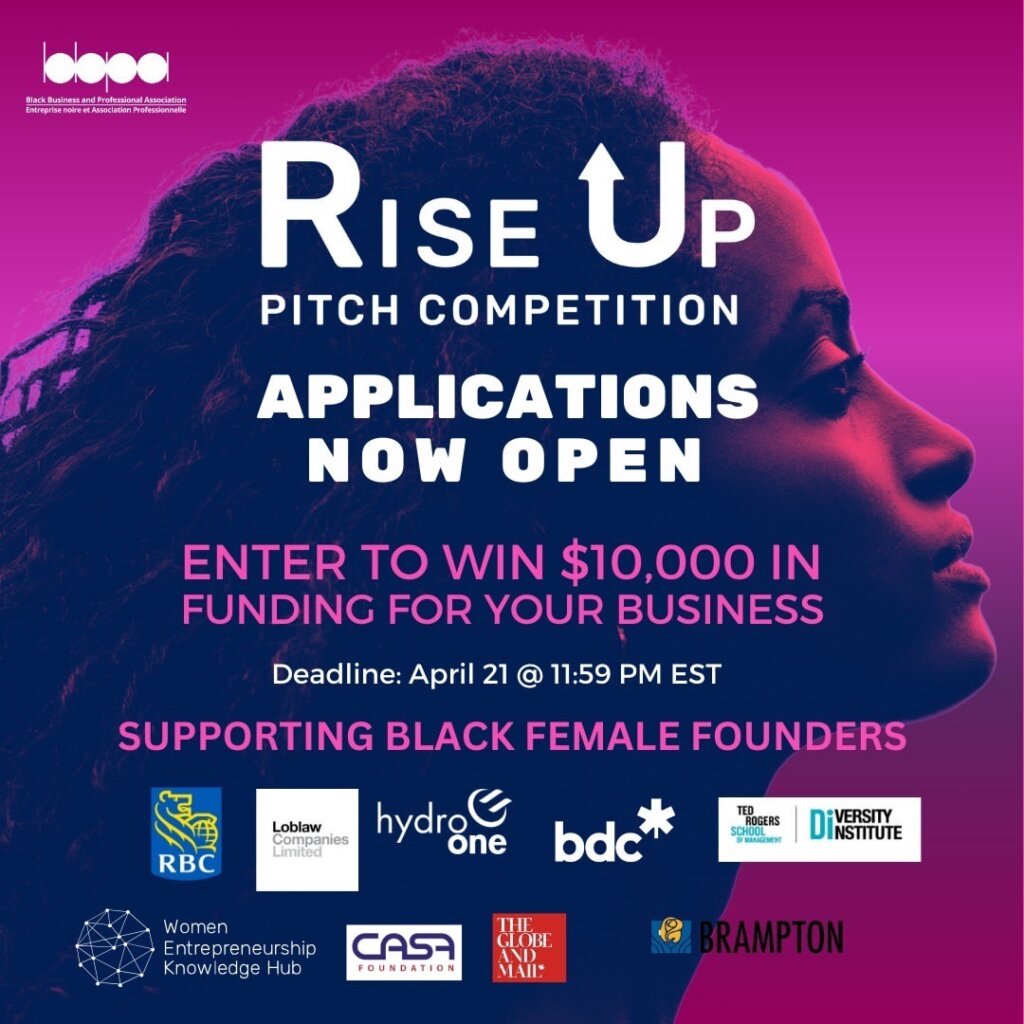 Flyer artwork for bbpa-rise-up-pitch-applications-grant-funding-business-toronto-canada-blackwallstreet