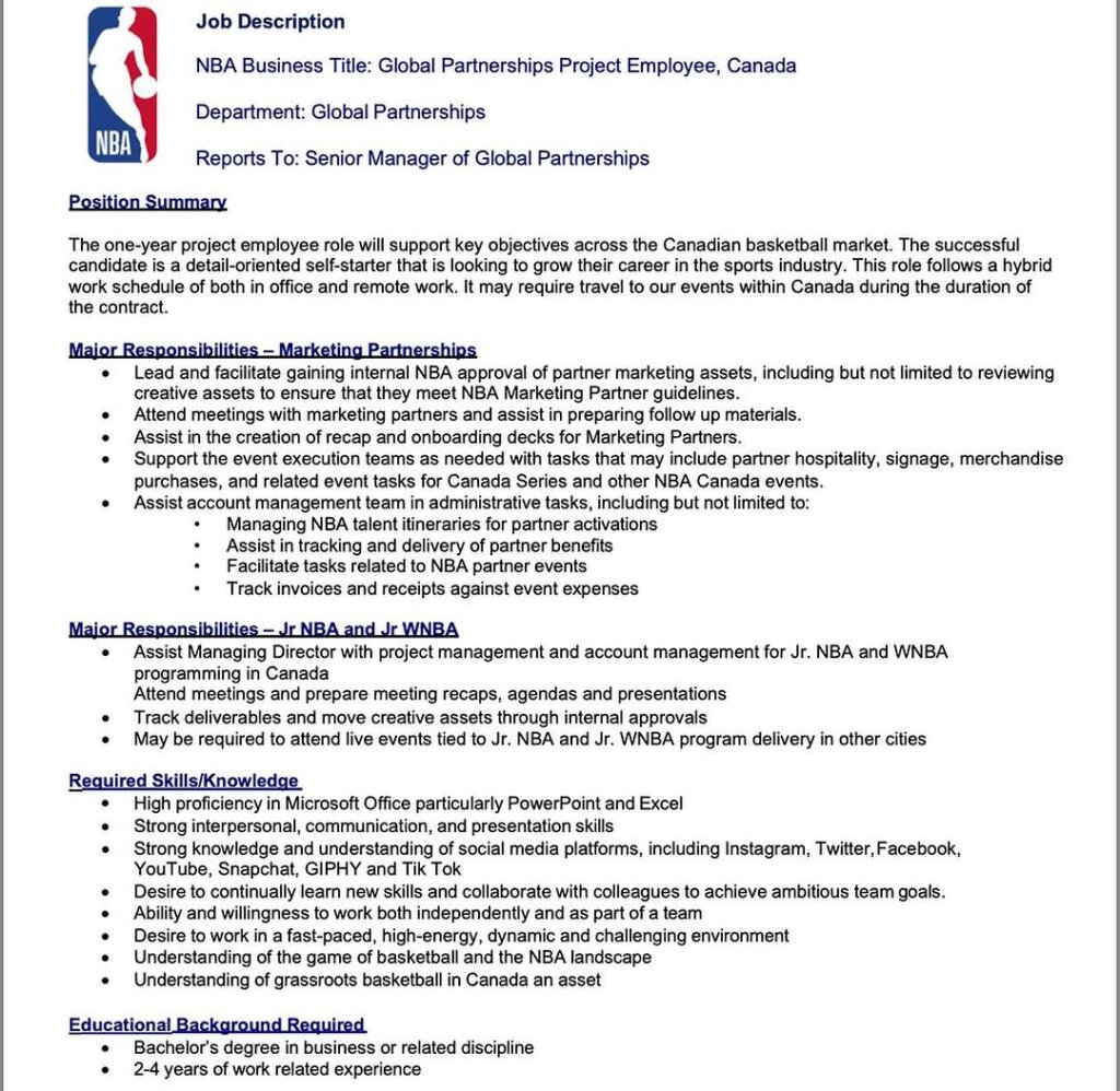 NBA Canada hiring job description