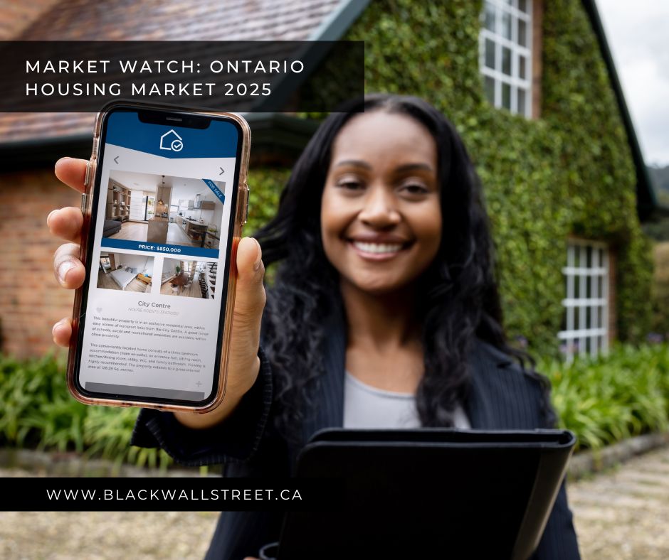 Girl holding a phone with "Market Watch - Ontario Housing Market 2025" 